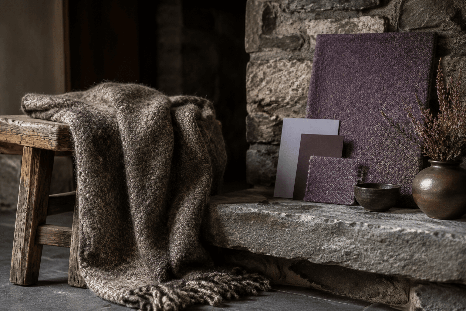 A wool throw over a weathered wood bench beside a grey stone shelf and a heather purple material board