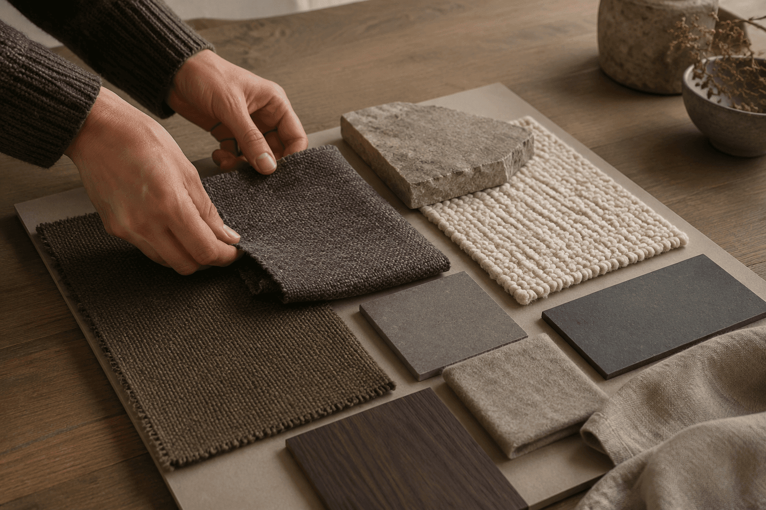 Hands arranging wool, stone and wood swatches on a material mood board